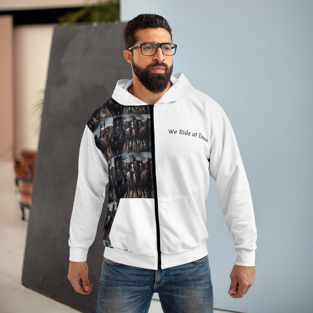 Horse Herd Pattern Zip Hoodie — Equestrian All-Over Print