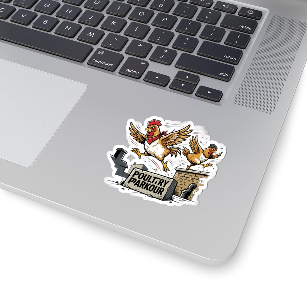Poultry Parkour Kiss-Cut Sticker — Funny Chickens Rooftop Parkour Decal